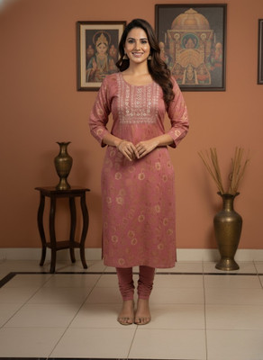 avasa Women Printed, Embroidered Straight Kurta(Pink)
