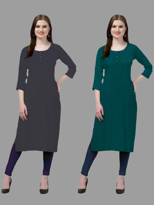 Coft Women Solid Straight Kurta(Grey, Dark Green)