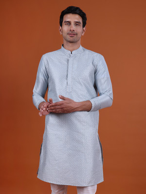 Namaskar Men Chikan Embroidery Straight Kurta(Grey)
