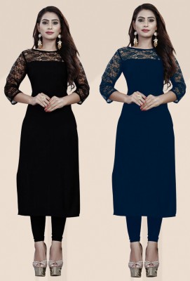 Dream Beauty Fashion Women Self Design Straight Kurta(Dark Blue, Black)