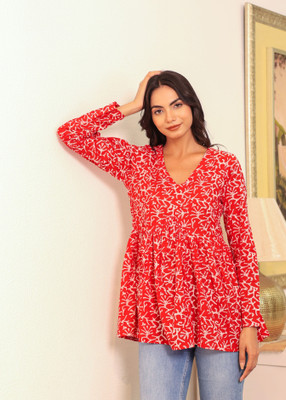 Label Adrija Women Floral Print, Printed Anarkali Kurta(Red)