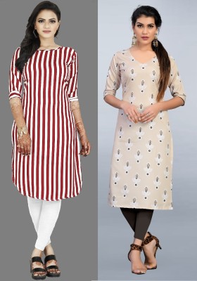 maruti fab Women Striped Straight Kurta(Beige, Red)