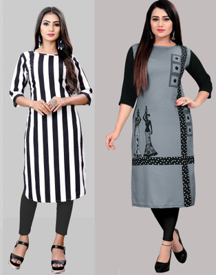maruti fab Women Printed, Striped Straight Kurta(Pink, White)