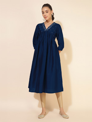Janasya Women Embellished, Solid, Embroidered A-line Kurta(Blue)