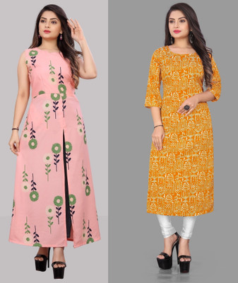 HouseOfCommon Women Printed Straight Kurta(Pink, Yellow)