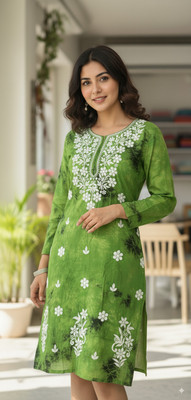 Chikankari Women Embroidered, Dyed/Ombre Straight Kurta(Brown)