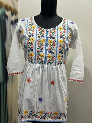 LEEZA Women Embroidered, Floral Print A-line Kurta(White)