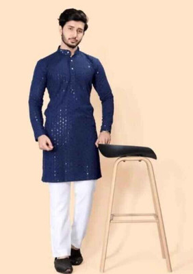 M DRESSES Men Embellished A-line Kurta(Dark Blue)