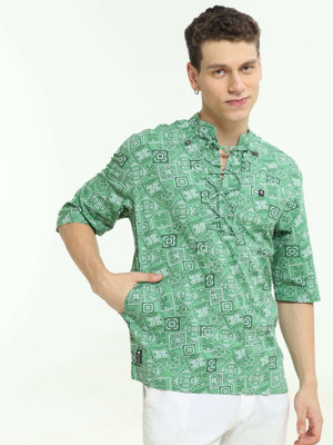 Estilocus Men Printed Straight Kurta(Green)