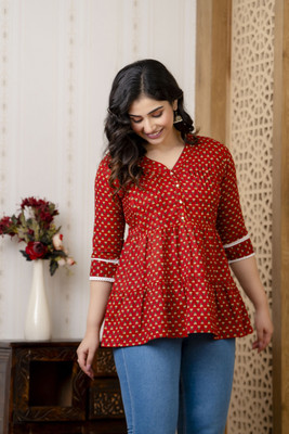 KIMATERNITY Women Floral Print Flared Kurta(Maroon)