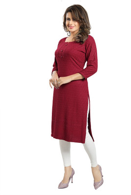 Dream & Dzire Women Chikan Embroidery Straight Kurta(Maroon)