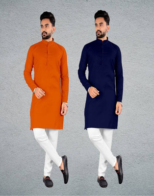 DHASU TRENDZ Men Solid Straight Kurta(Orange, Dark Blue)