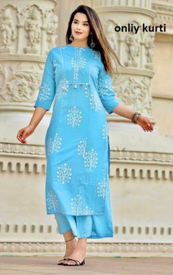 mahi creation Women Applique, Solid, Geometric Print, Dyed/Ombre, Paisley, Floral Print Straight Kurta(Light Blue)