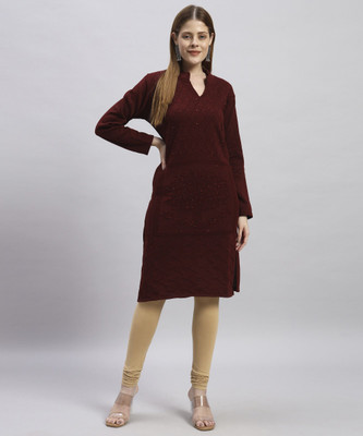 MYLES Women Woven Design Straight Kurta(Maroon)
