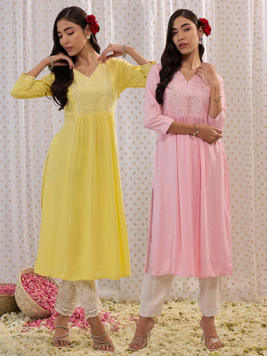 Indo Era Women Embroidered Anarkali Kurta(Yellow, Pink)