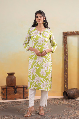 Neemiya Women Floral Print Straight Kurta(Green)