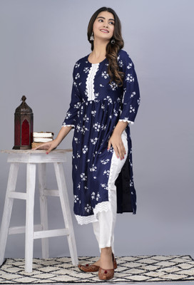 Bachuu Women Printed A-line Kurta(Dark Blue)