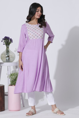 W Women Embroidered A-line Kurta(Purple)