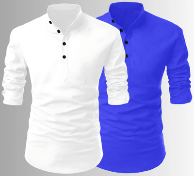 Fashion Marts Men Solid Straight Kurta(White, Dark Blue)
