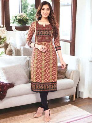 Jevi Prints Women Floral Print Straight Kurta(Beige, Red)