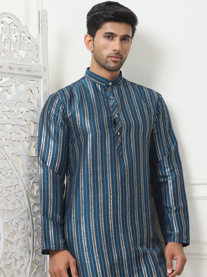 ANOUK Men Striped Straight Kurta(Blue)