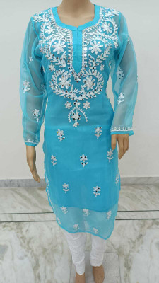 Handworkchikan Women Embroidered A-line Kurta(Dark Blue)