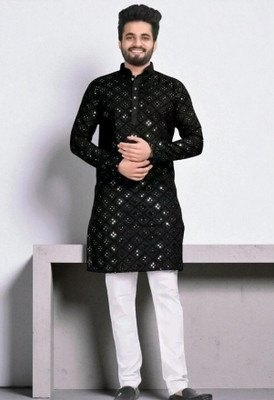 HOODLER Men Embroidered Straight Kurta(Black)
