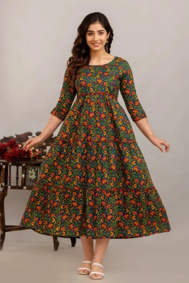 Silakiva Women Floral Print Anarkali Kurta(Green)