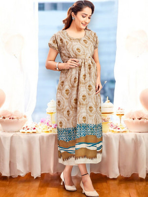 RITIJYA Women Printed Flared Kurta(Beige)