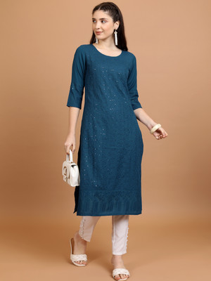 Vishudh Women Embroidered Straight Kurta(Dark Blue)