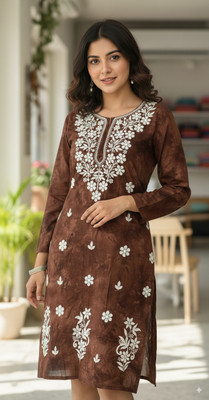 Chikankari Women Embroidered, Dyed/Ombre Straight Kurta(Brown)