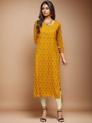 Chiraai Women Floral Print Straight Kurta(Yellow)