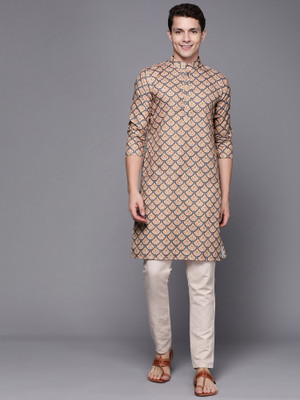 Indo Era Men Printed Straight Kurta(Beige)