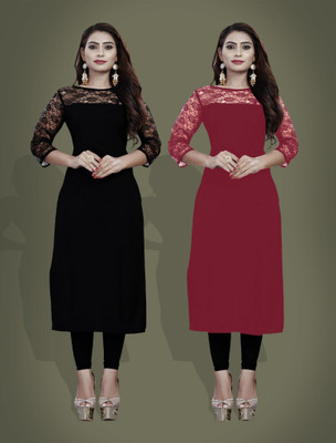 Maheshvi Women Self Design Straight Kurta(Black, Maroon)
