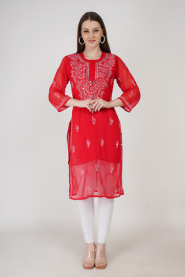 S R TEXTILE Women Embroidered Straight Kurta(Red)