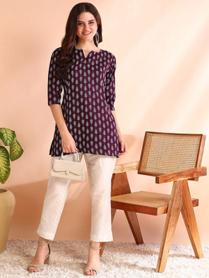 luzzix Women Printed A-line Kurta(Purple)