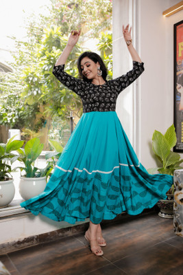 INDI INSIDE Women Block Print Anarkali Kurta(Blue)