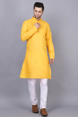 krishu Men Solid Straight Kurta(Yellow)