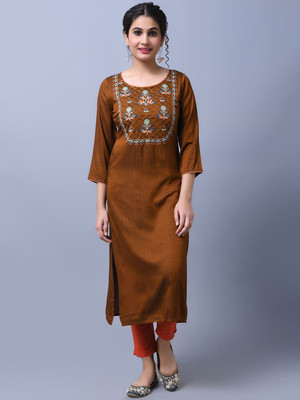 ANOUK Women Embroidered Straight Kurta(Brown)