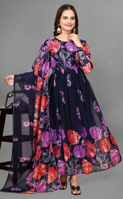 Parth Creation Women Floral Print Anarkali Kurta(Blue)