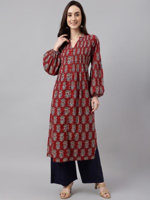 Janasya Women Floral Print Flared Kurta(Maroon)