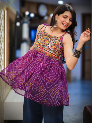 Youthnic Women Bandhani A-line Kurta(Purple)