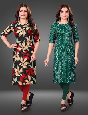 MOBHISA Women Printed Straight Kurta(Green)