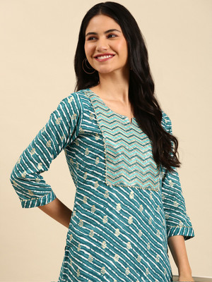 SHOWOFFFF Women Printed Straight Kurta(Green, Beige)