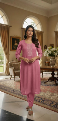 sofiacollection Women Embroidered Straight Kurta(Pink)