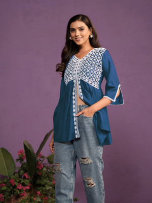 Anmi Chikan Embroidery Women A-line Kurta(Dark Blue)