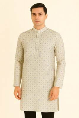 Bruttlyn Men Printed, Geometric Print A-line Kurta(Silver)