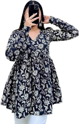 Shabyaa Women Floral Print, Printed Flared Kurta(Black)