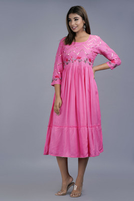 Teena Women Embroidered Flared Kurta(Pink)