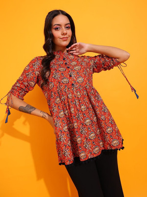 Yash Gallery Women Floral Print A-line Kurta(Orange)